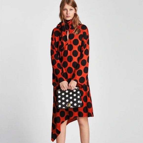 Zara Orange-red Black Chic Polka Dot Asymmetrical dress midi scarf S black label - Picture 3 of 17